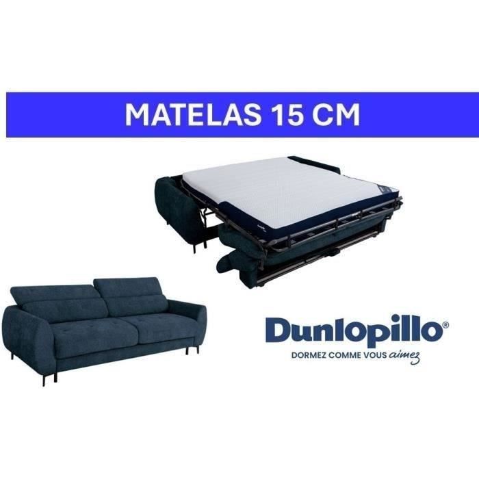 Canapé convertible express - 3 places - SAFIA - Tissu gauffré - Saphir - Matelas 15 cm - 226 x 105 x 76 / 94 cm - DUNLOPILLO