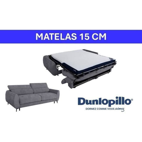 Canapé convertible express - 3 places - SAFIA - Tissu gauffré - Gris souris - Matelas 15 cm - 226 x 105 x 76 / 94 cm - DUNLOPILLO