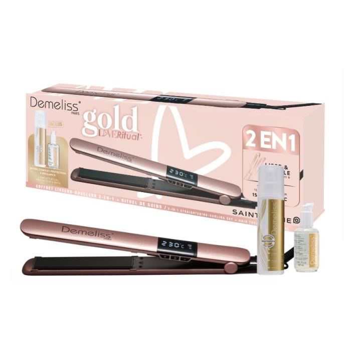 Lisseur - SAINT ALGUE - Coffret Demeliss Kera-GOLD 2 en 1 - Lisse & Boucle - Jusqu'a 230°C - Comprend 2 Soins Avant & Apres Lissage