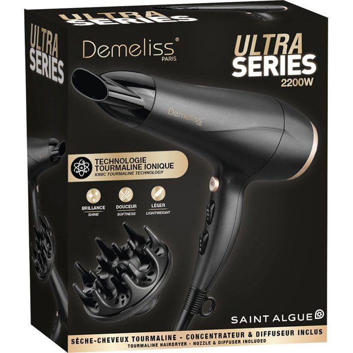 Seche-cheveux - SAINT ALGUE - Demeliss Ultra Series - Diffuseur - 3 températures - 2200 W - Noir