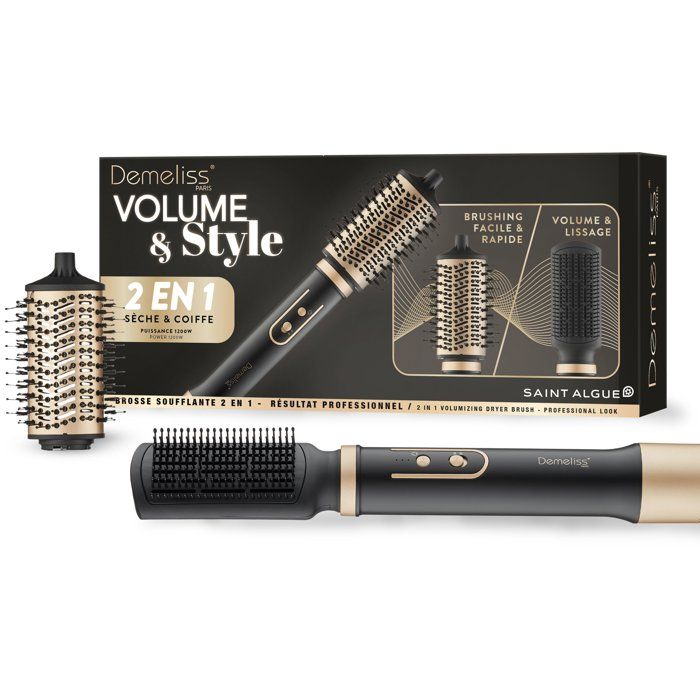 Brosse soufflante 2-en-1 - SAINT ALGUE - Demeliss Volume & Style - 1000 W - 3 températures - Noir / Or