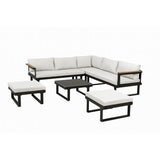 Salon de jardin d'angle 7 places - Aluminium - ALMARA - Canapé d'angle + 2 tabourets + table - Ecru