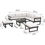 Salon de jardin d'angle 7 places - Aluminium - ALMARA - Canapé d'angle + 2 tabourets + table - Ecru