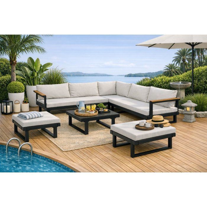 Salon de jardin d'angle 7 places - Aluminium - ALMARA - Canapé d'angle + 2 tabourets + table - Ecru