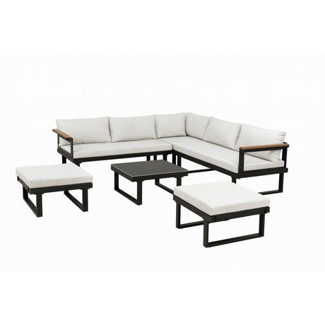 Salon de jardin d'angle 7 places - Aluminium - ALMARA - Canapé d'angle + 2 tabourets + table - Ecru