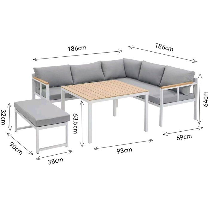 Salon de jardin d'angle 6 personnes - Aluminium - BAIA - canapé d'angle + 1 banc + table haute - Gris