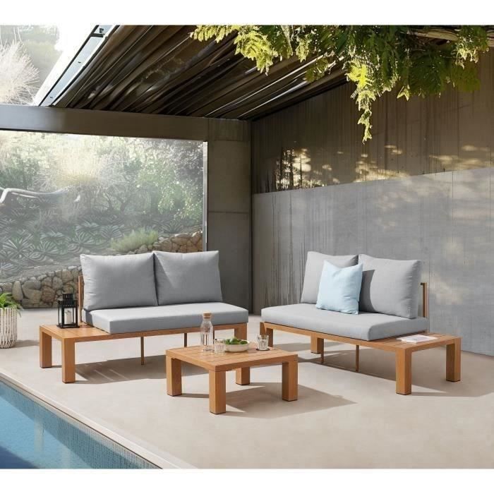 Salon de jardin canapé d'angle SANA - Aluminium effet bois - 4 personnes - Gris perle
