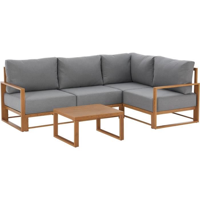 Salon de jardin canapé d'angle SANTA - Aluminium effet bois - 5 personnes - Gris clair