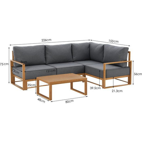 Salon de jardin canapé d'angle SANTA - Aluminium effet bois - 5 personnes - Gris clair