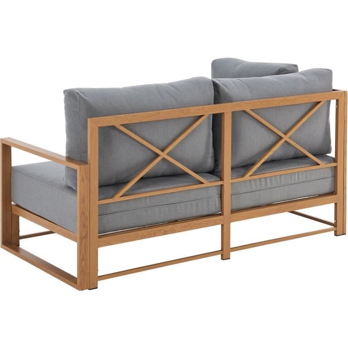 Salon de jardin canapé d'angle SANTA - Aluminium effet bois - 5 personnes - Gris clair