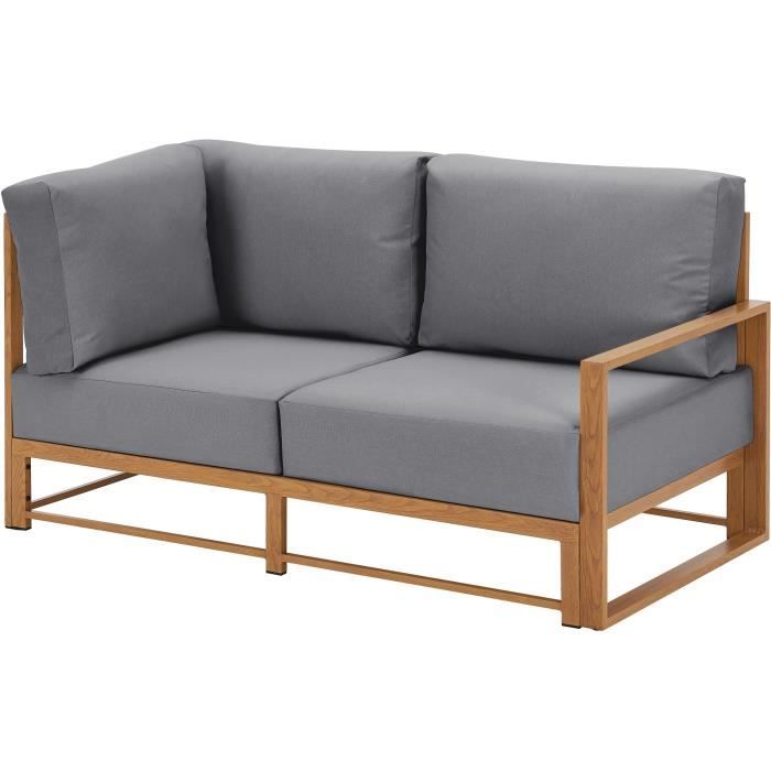 Salon de jardin canapé d'angle SANTA - Aluminium effet bois - 5 personnes - Gris clair