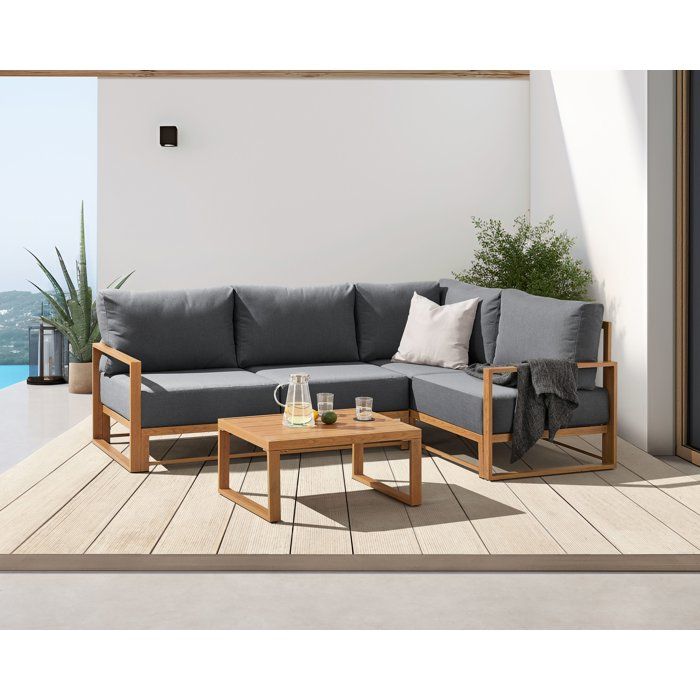 Salon de jardin canapé d'angle SANTA - Aluminium effet bois - 5 personnes - Gris clair
