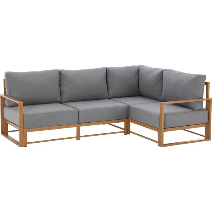 Salon de jardin canapé d'angle SANTA - Aluminium effet bois - 5 personnes - Gris clair