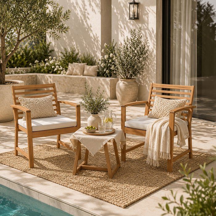 Salon de jardin en bois d'Acacia FSC avec coussins - CALI - 1 table café + 2 fauteuils - Ecru - 2 personnes