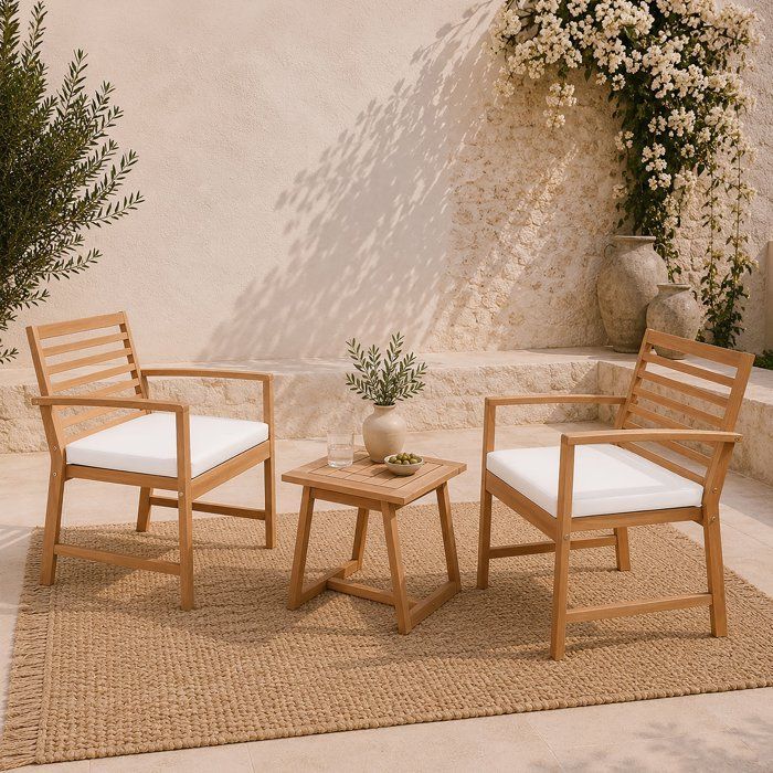 Salon de jardin en bois d'Acacia FSC avec coussins - CALI - 1 table café + 2 fauteuils - Ecru - 2 personnes