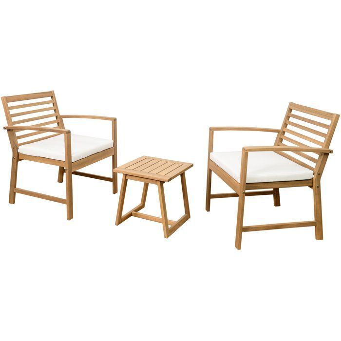 Salon de jardin en bois d'Acacia FSC avec coussins - CALI - 1 table café + 2 fauteuils - Ecru - 2 personnes