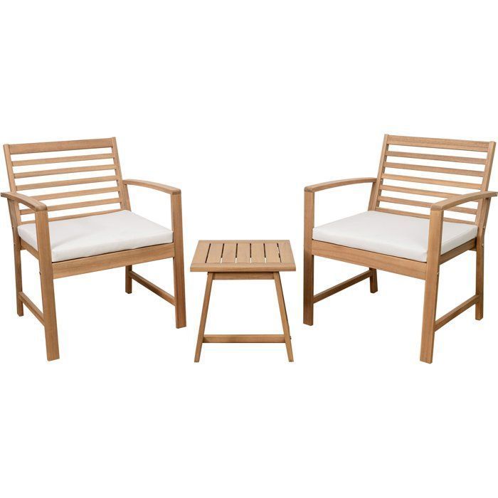 Salon de jardin en bois d'Acacia FSC avec coussins - CALI - 1 table café + 2 fauteuils - Ecru - 2 personnes