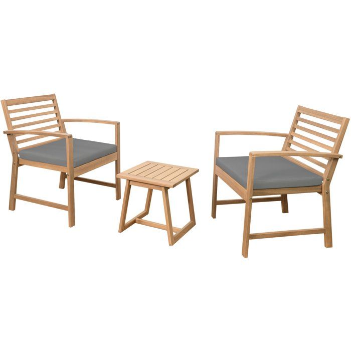 Salon de jardin en bois d'Acacia FSC avec coussins - CALI - 1 table café + 2 fauteuils - Gris - 2 personnes
