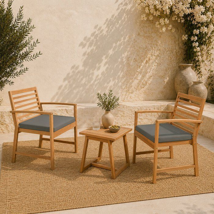Salon de jardin en bois d'Acacia FSC avec coussins - CALI - 1 table café + 2 fauteuils - Gris - 2 personnes