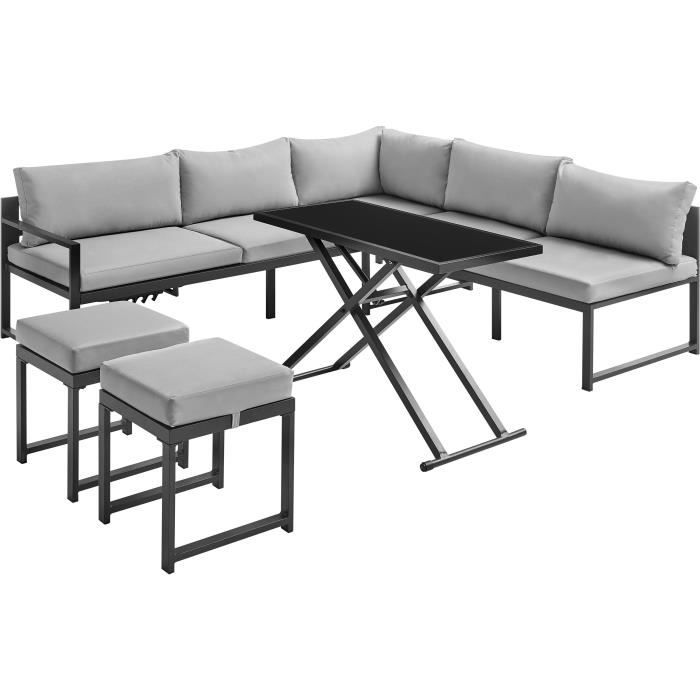 Salon de jardin avec structure en aluminium avec coussins - 7 personnes - Hipu - Gris
