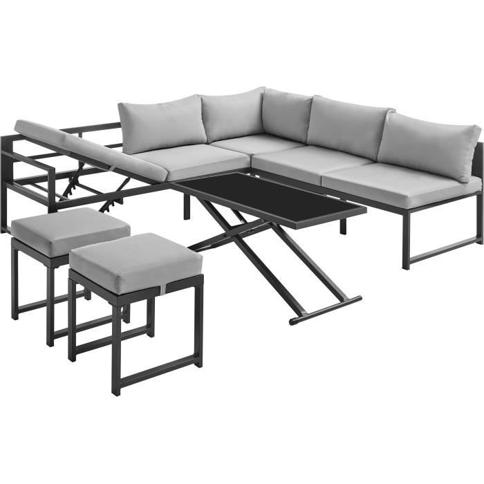 Salon de jardin avec structure en aluminium avec coussins - 7 personnes - Hipu - Gris
