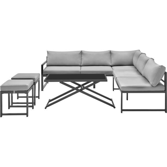 Salon de jardin avec structure en aluminium avec coussins - 7 personnes - Hipu - Gris