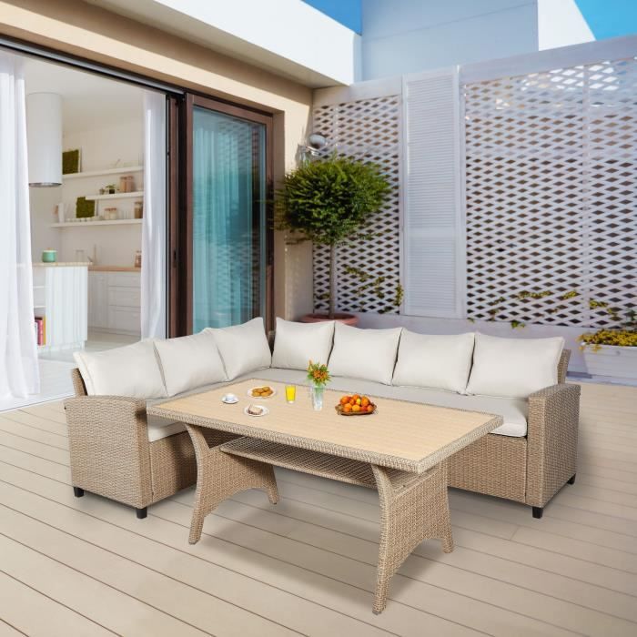 Salon de jardin KAPAS - 5 personnes - Acier et résine tressée - Beige
