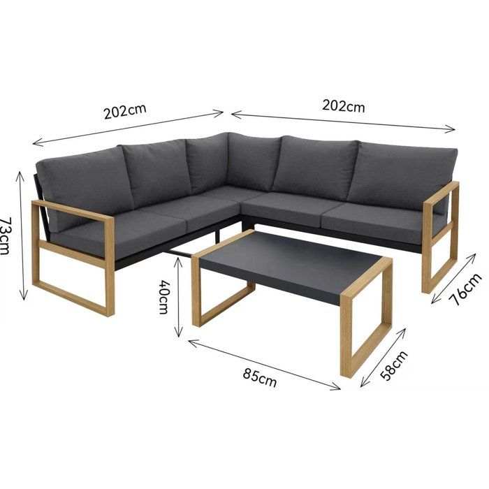 Salon de jardin d'angle - Aluminium effet bois - PUERTOCOR - 5 personnes + table basse