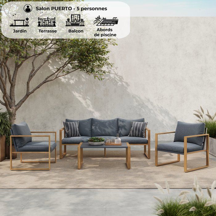 Salon de jardin - PUERTO - Aluminium effet bois - Gris - 5 personnes