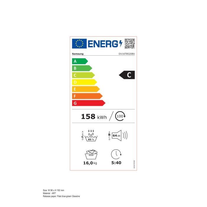 Seche-linge pompe a chaleur SAMSUNG DV16T8520BV - 16 kg - Digital Inverter - L84,4cm - Optimal Dry - Noir