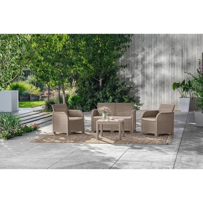 Salon de jardin - en résine imitation rotin tressé - Allibert by KETER - 4 personnes - SanRemo - Cappuccino