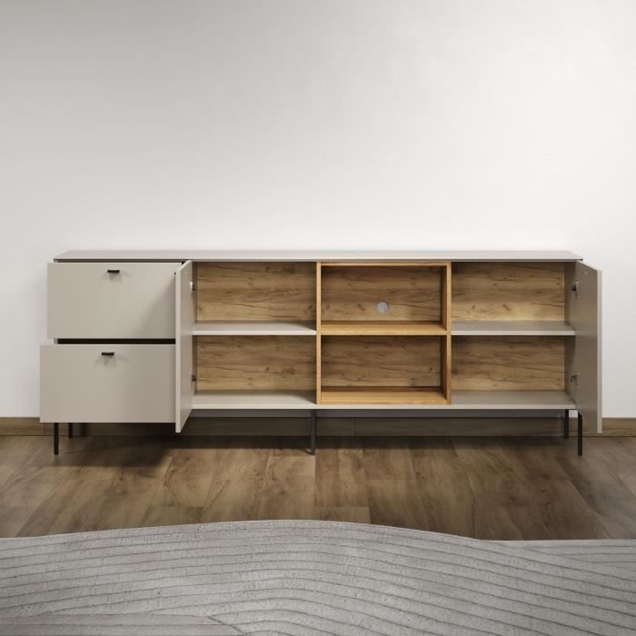 Meuble TV SAO PAULO - Cachemire / Chene blond - 2 portes, 2 niches, 2 tiroirs - 110 x 68 x 45 cm - TRENDTEAM