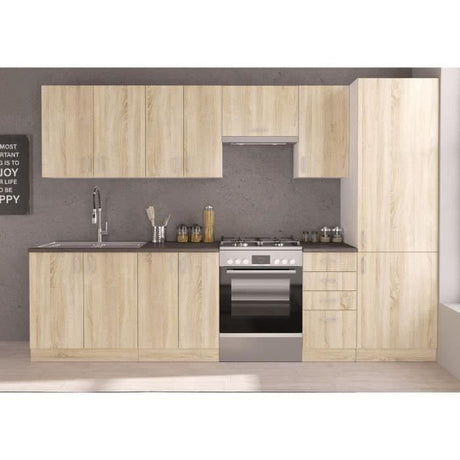SARA Cuisine complete modulable - 8 éléments - Décor chene sonoma - L 300 cm - Plan de travail non inclus
