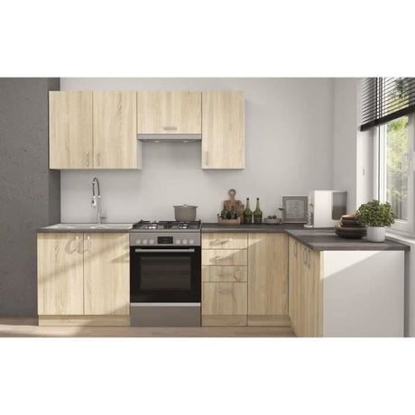 SARA Cuisine complete modulable - Angle réversible - 7 éléments - Décor chene sonoma - L270 x L148 cm - Plan de travail non inclus