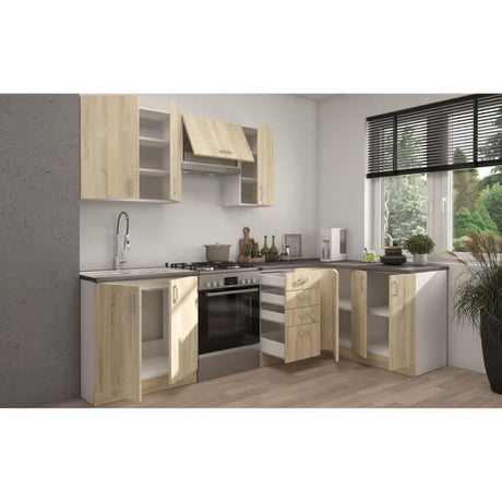 SARA Cuisine complete modulable - Angle réversible - 7 éléments - Décor chene sonoma - L270 x L148 cm - Plan de travail non inclus