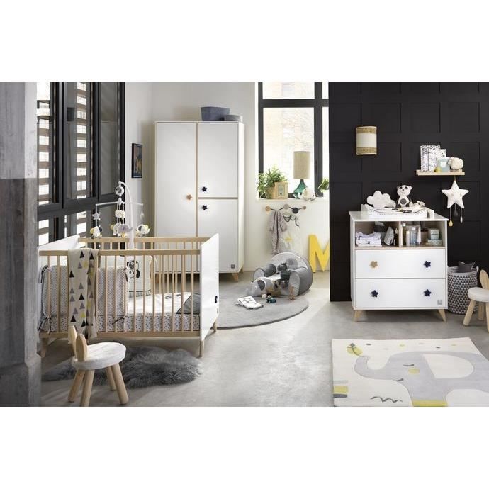 Chambre bébé duo OSLO - Lit 120x60 + Commode a langer 2 tiroirs étoiles - SAUTHON