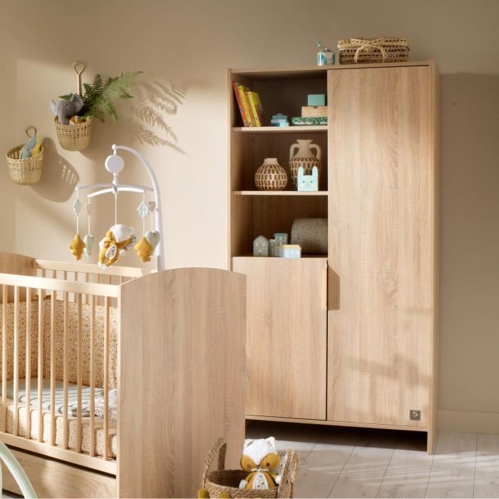 Chambre bébé trio AZUR - Lit 120x60 + Commode a langer 3 tiroirs + Armoire 2 portes chene doré - SAUTHON