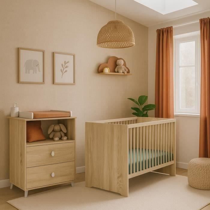Chambre bébé duo MONTANA - Lit 120x60 + Commode a langer 2 tiroirs décor chene doré - SAUTHON