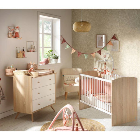 Chambre bébé duo - Lit 120 x 60 cm + Commode 3 tiroirs - Access - Bois chene doré/Blanc - SAUTHON