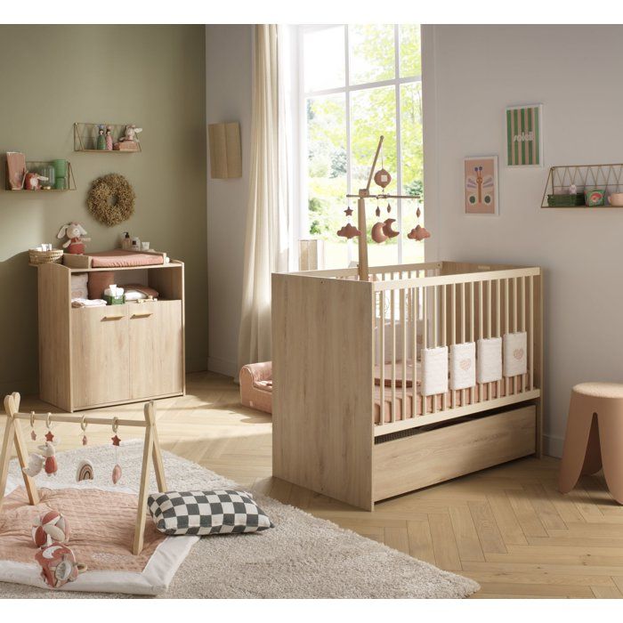 Chambre bébé duo - Lit 120 x 60 cm + Commode 2 portes et une niche - Adele - Hetre/creme- SAUTHON