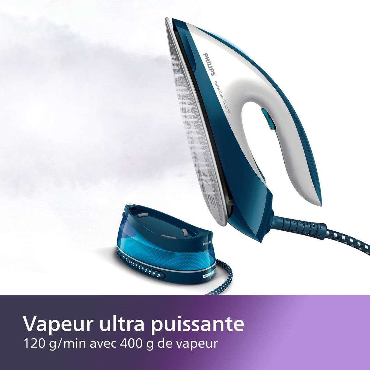 Centrale Vapeur - PHILIPS - GC7840/20 - PerfectCare Compact - 6.5 bars - 1.5L - Bleu/Blanc