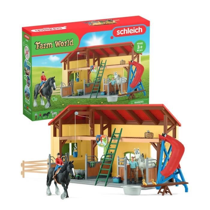 Écurie avec boxes et animaux, coffret de 82 pieces avec chevaux, petits animaux de la ferme, outils et figurines de fermier, jouets