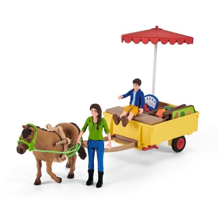 Étal mobile de la ferme, jeu de ferme avec figurines de fermiers, cheval et étal de marchandises, jouets animaux de la ferme pour