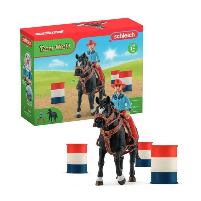 Figurine Cowgirl et Tonneaux de Racing et Cheval Schleich - Animaux de la Ferme et Accessoires Western Réalistes - Coffret 7 Pieces