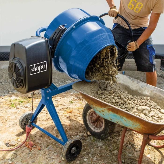 Bétonniere électrique SCHEPPACH MIX140 - Capacité 140L - Roues et volant de basculement