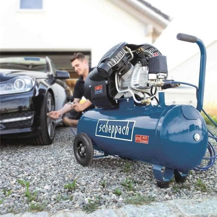 Compresseur d'air horizontal Scheppach HC120DC - 100 L - 2200 W - 10 bars - 3CV - Double cylindre a moteur lubrifié