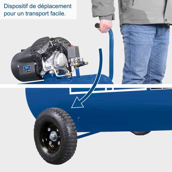 Compresseur d'air horizontal Scheppach HC120DC - 100 L - 2200 W - 10 bars - 3CV - Double cylindre a moteur lubrifié