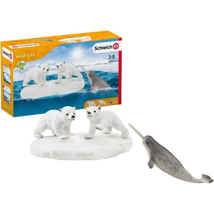 Figurines Glissade des Ours Polaires, Coffret schleich avec 2 figurines oursons et 1 figurine de narval, pour enfants des 3 Ans,