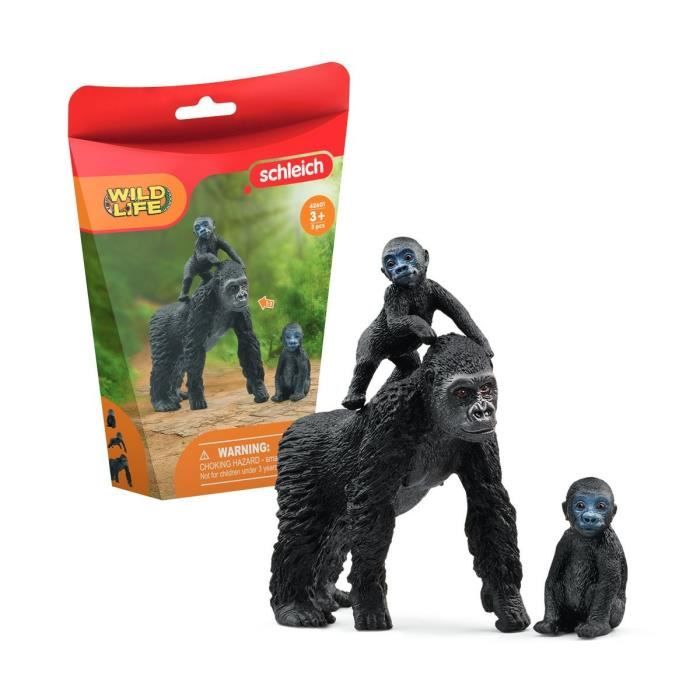 Figurine famille de Gorilles des Plaines, avec 1 maman gorille et ses 2 bébés, pour enfants des 3 ans - Schleich 42601 Wild life