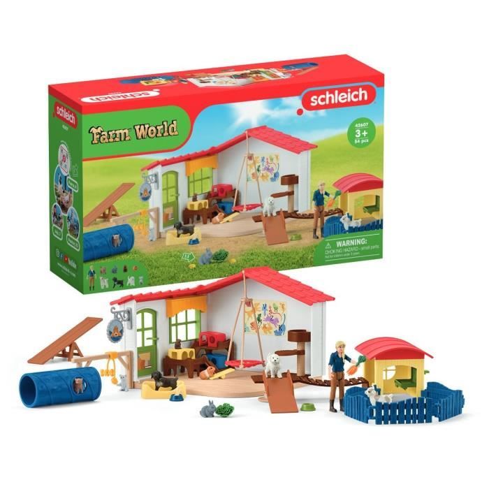 Hôtel des Animaux de la Ferme - Grand coffret de 54 Pieces de Jouets Schleich avec Chien, Chat, Lapin, Accessoires et Plus - Cadeau